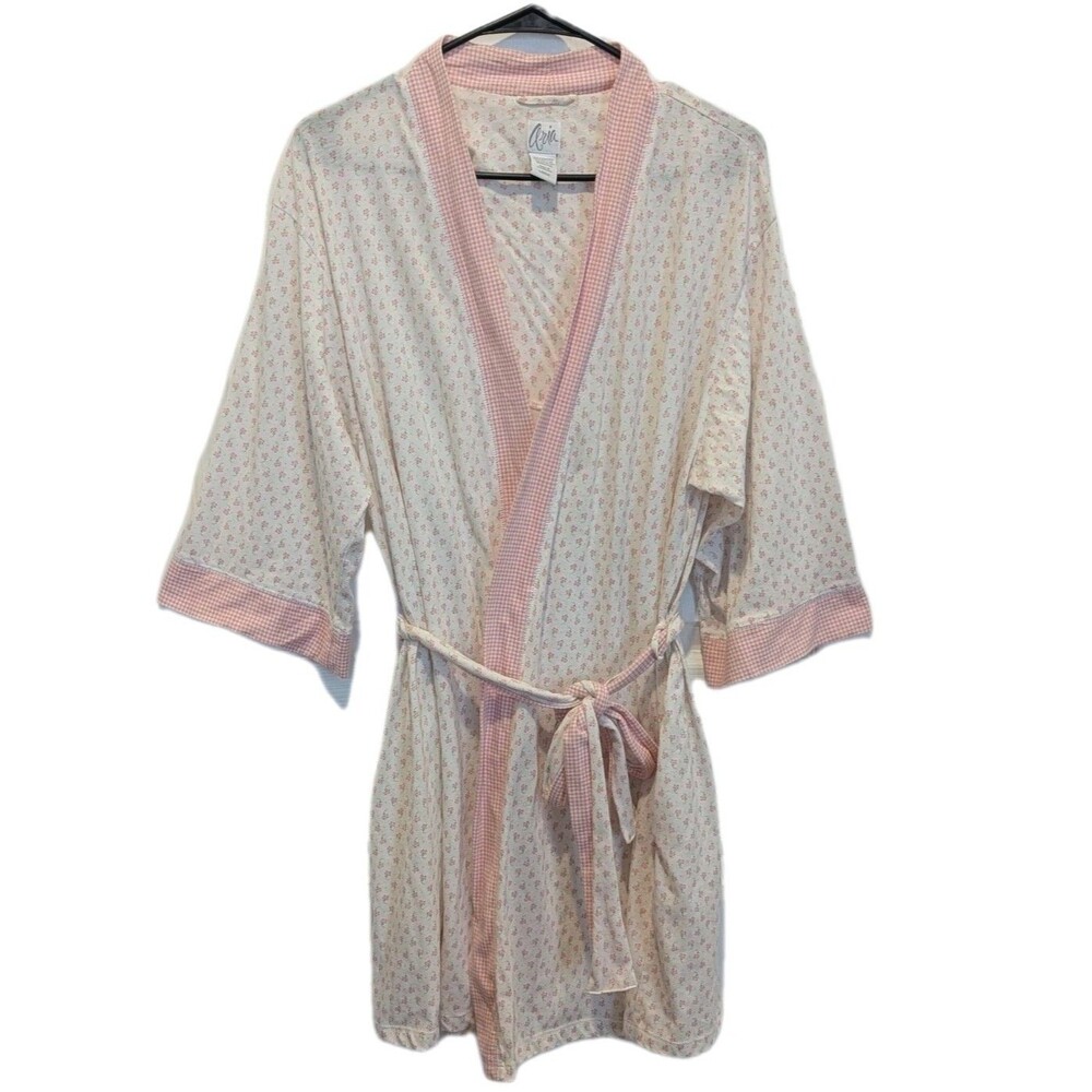 Aria Soft Knit Robe With Belt Pink Gingham/Floral SZ Large Shabby Chic Cottage